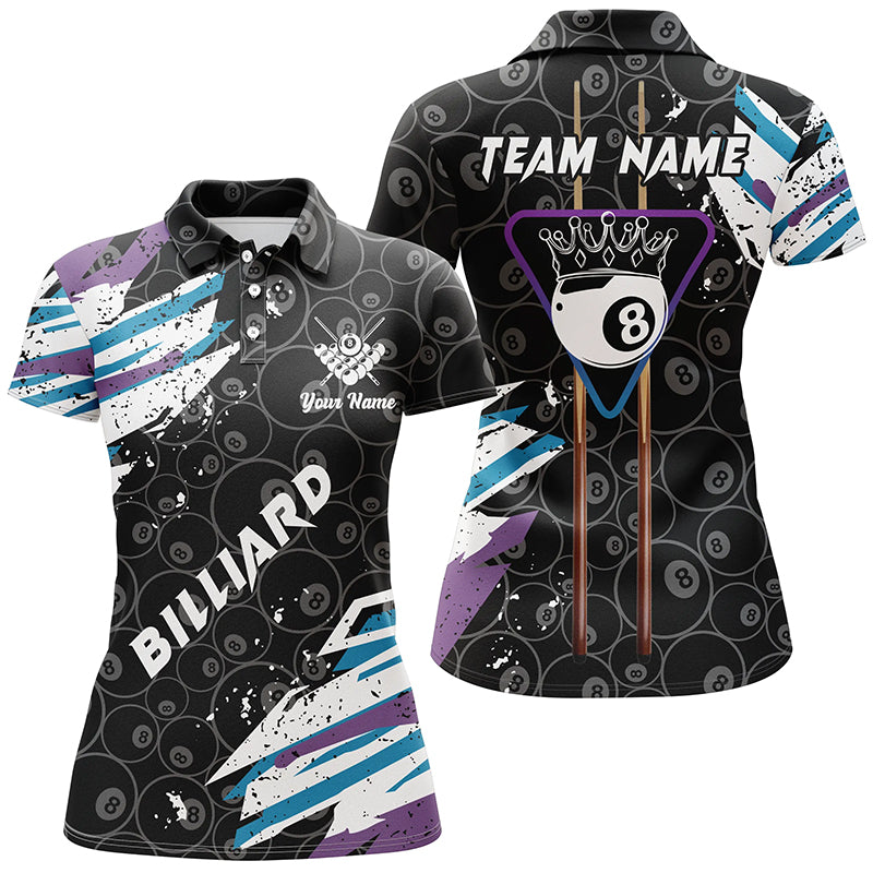 Personalized Crown 8 Ball Pool 3D Polo Shirts For Women, 8 Ball Pattern Paint Color Billiards Jerseys VHM0226