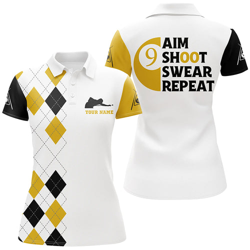 Personalized Customized Aim Shoot Swear Repeat 9 Ball Pool Yellow Billiard Polo Shirts For Women VHM0473