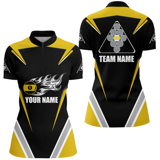 Personalized 9 Ball Pool Flame Yellow Black Billiard Quarter-Zip Shirts For Women, Billiards Jerseys VHM0474