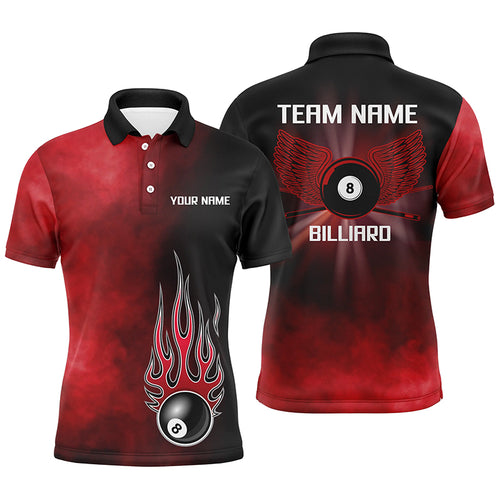 Personalized Black Red Flame 8 Ball Pool Polo Shirts For Men, Custom Billiard 8 Ball Wing Jerseys VHM0809