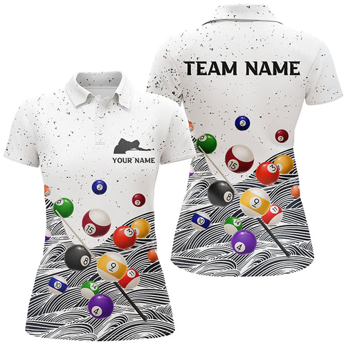 Personalized Billiard Balls White Grunge Polo Shirts For Women, Custom Player Billiards Pool Jerseys VHM0066