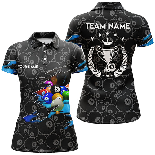 Personalized Billiard Player 3D Polo Shirts For Women, Custom 8 Ball Pool Trophy Emblem Jerseys VHM0234