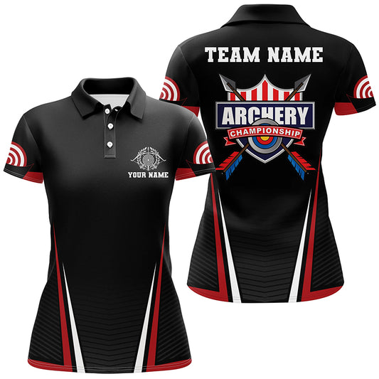 Personalized US Flag 3D Target Archery Polo Shirts For Women, Custom Red Black Arrows Archery Jerseys VHM0820