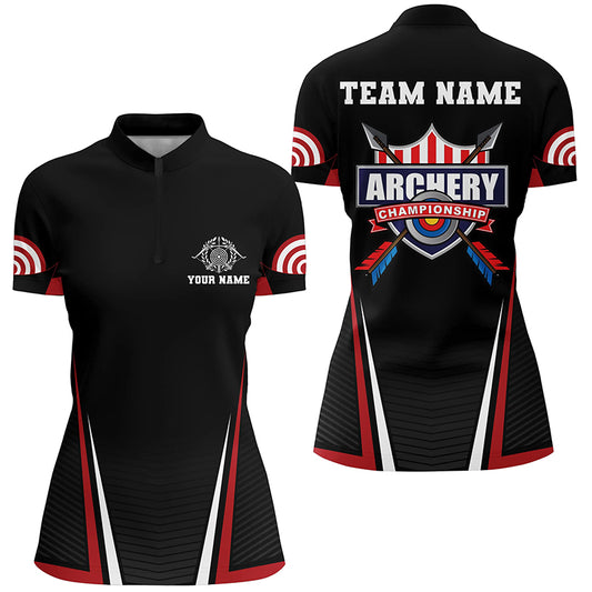 Personalized US Flag 3D Target Archery Quarter-Zip Shirts For Women, Red Black Arrows Archery Jerseys VHM0820