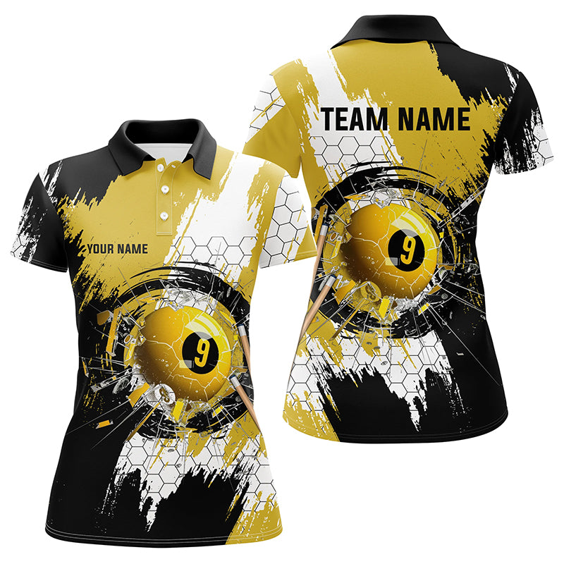 Personalized Black Yellow Glass Break 9 Ball Pool Polo Shirts For Women Custom 9 Ball Pool Jerseys VHM1176