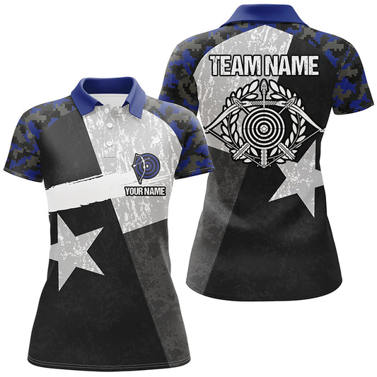 Personalized Blue Retro Texas Flag Archery Polo Shirts For Women, Custom 3D Targets Archery Jerseys VHM0692