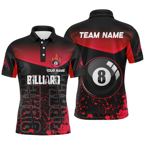 Personalized Red Fire 8 Ball Pool Billiard Polo Shirts For Men, Custom 8 Ball Billiard Team Shirts VHM0702