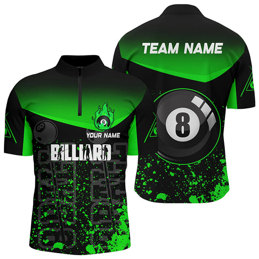 Personalized Green Fire 8 Ball Pool Billiard Quarter-Zip Shirts For Men, 8 Ball Pool Team Shirts VHM0704