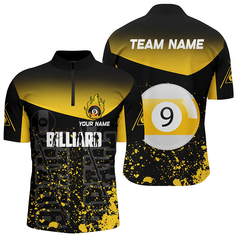 Personalized Yellow Fire 9 Ball Pool Billiard Quarter-Zip Shirts For Men, 9 Ball Pool Team Shirts VHM0705