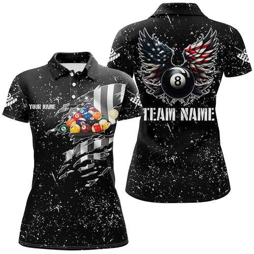 Personalized US Flag Billiard Balls 3D Polo Shirts For Women, Funny Billiard 8 Ball Wings Jerseys VHM1001