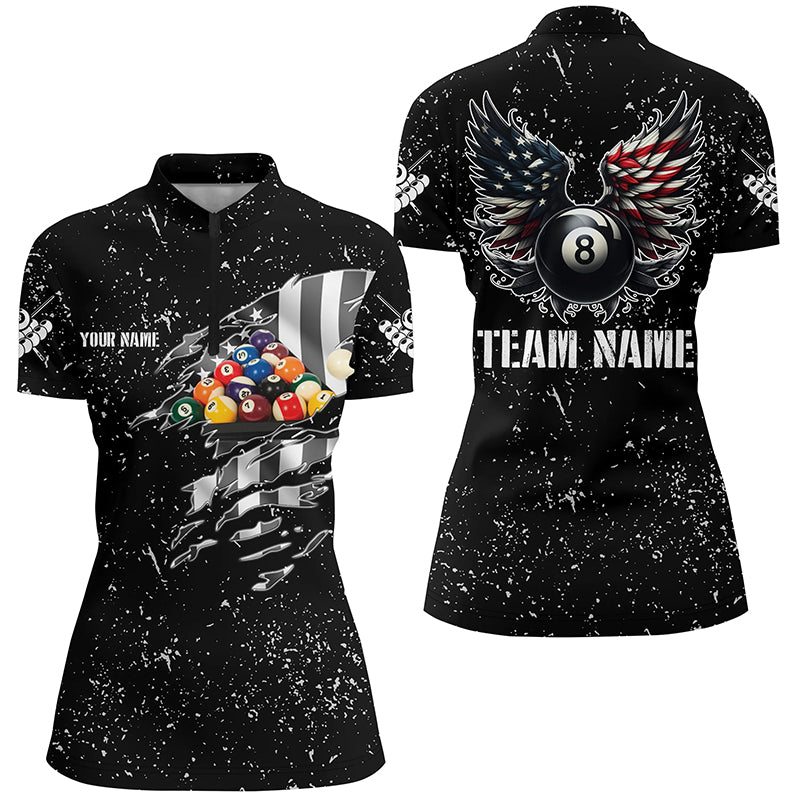 Personalized US Flag Billiard Balls 3D Quarter-Zip Shirts For Women, Funny 8 Ball Pool Wings Jerseys VHM1001