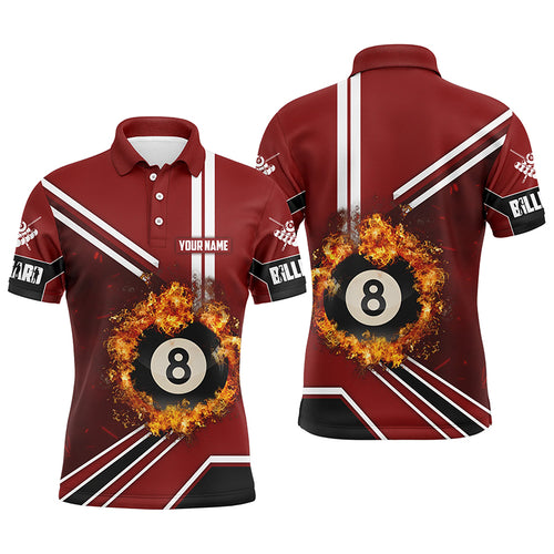 Personalized Red Billiard Pool 8 Ball On Fire 3D Polo Shirts For Men, Custom Pool Billiards Shirts VHM0258