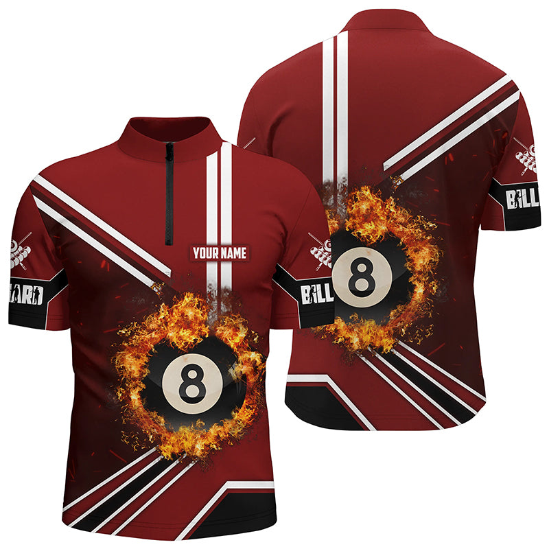 Custom Red Billiard Pool 8 Ball On Fire 3D Quarter-Zip Shirt For Men, Custom Pool Billiards Jerseys VHM0258