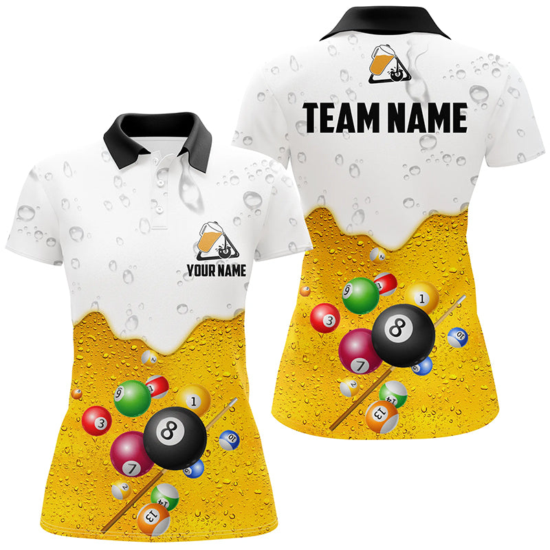 Personalized Beer And Billiard Balls 3D Polo Shirts For Women, Custom Funny Billiard Team Shirts VHM0496
