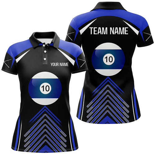 Personalized Blue Black 10 Ball Billiard Polo Shirts For Women, Custom 10 Ball Pool Billiards Jerseys VHM0955