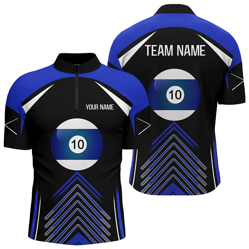 Personalized Blue Black 10 Ball Billiard Quarter-Zip Shirts For Men, 10 Ball Pool Billiards Jerseys VHM0955