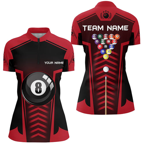 Personalized 8 Ball Pool Red Black Quarter-Zip Shirts For Women, Custom Pool Balls Billiards Jerseys VHM0505