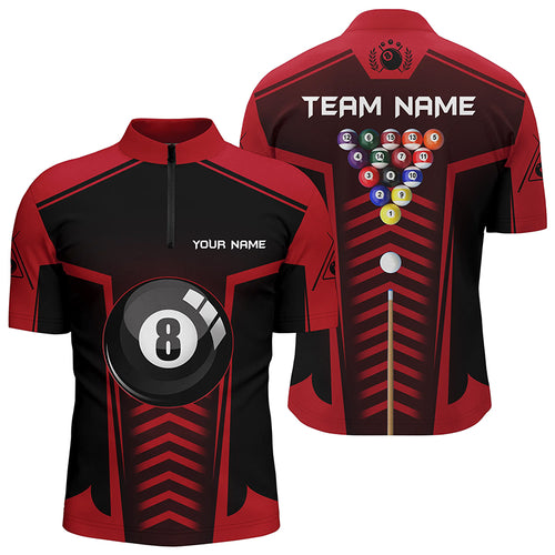 Personalized 8 Ball Pool Red Black Quarter-Zip Shirts For Men, Custom Pool Balls Billiards Jerseys VHM0505