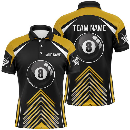 Personalized Yellow Black Billiard 8 Ball Pool 3D Polo Shirts For Men, Custom Name Billiard Jerseys VHM0284