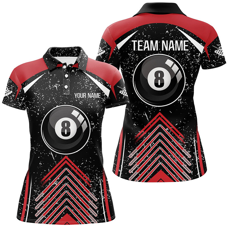 Personalized Red Black Grunge Billiard 8 Ball Pool 3D Polo Shirts For Women, Custom Billiard Jerseys VHM0287