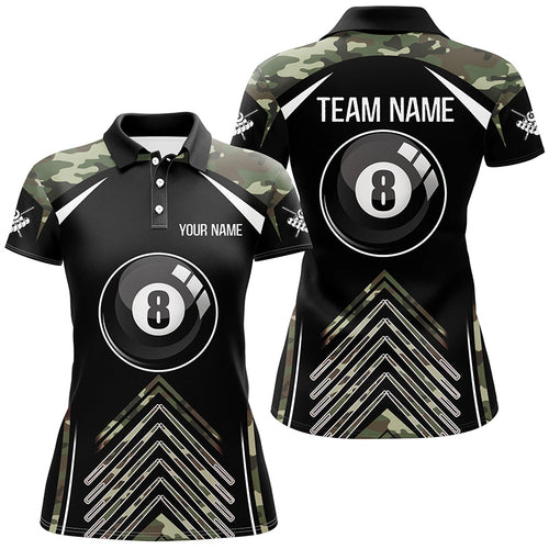 Personalized Camo Black Billiard 8 Ball Pool Polo Shirts For Women, Custom Name Billiards Jerseys VHM0288