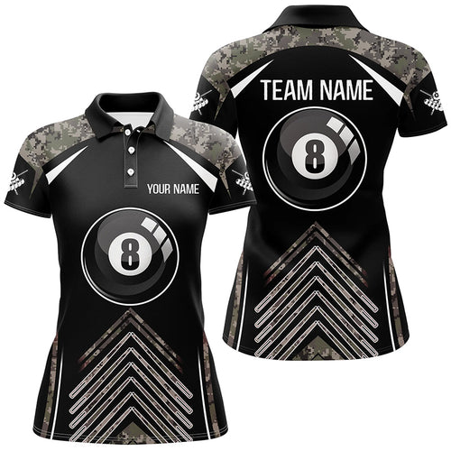 Personalized Camo Black Billiard 8 Ball Pool Polo Shirts For Women, Custom Name Billiards Jerseys VHM0289