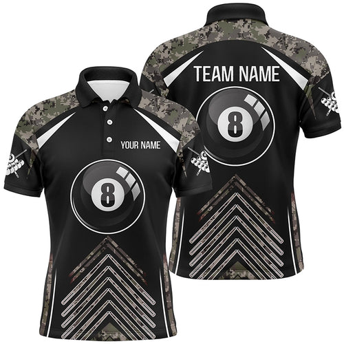 Personalized Camo Black Billiard 8 Ball Pool Polo Shirts For Men, Custom Name Billiards Jerseys VHM0289