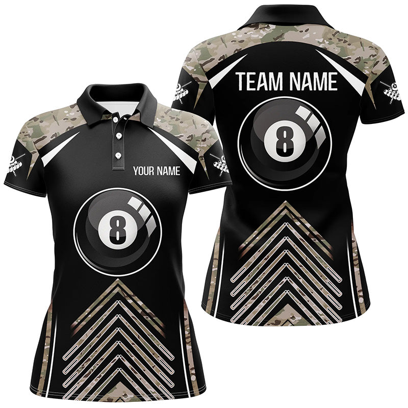Personalized Camo Black Billiard 8 Ball Pool Polo Shirts For Women, Custom Name Billiards Jerseys VHM0290