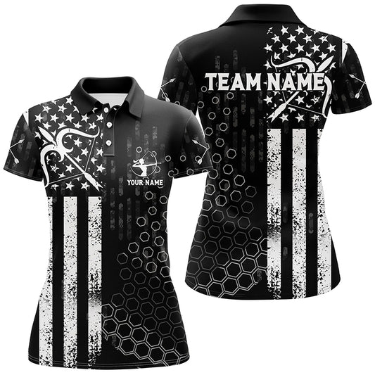 Personalized BW American Flag Archery Polo Shirts For Women, Custom Bows And Arrows Archery Shirts VHM0716