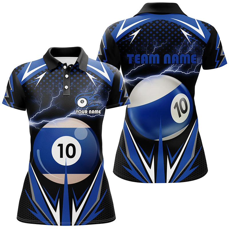 Personalized Thunder Blue 10 Ball Billiard 3D Polo Shirts For Women, Custom 10 Ball Billiard Jerseys VHM0956