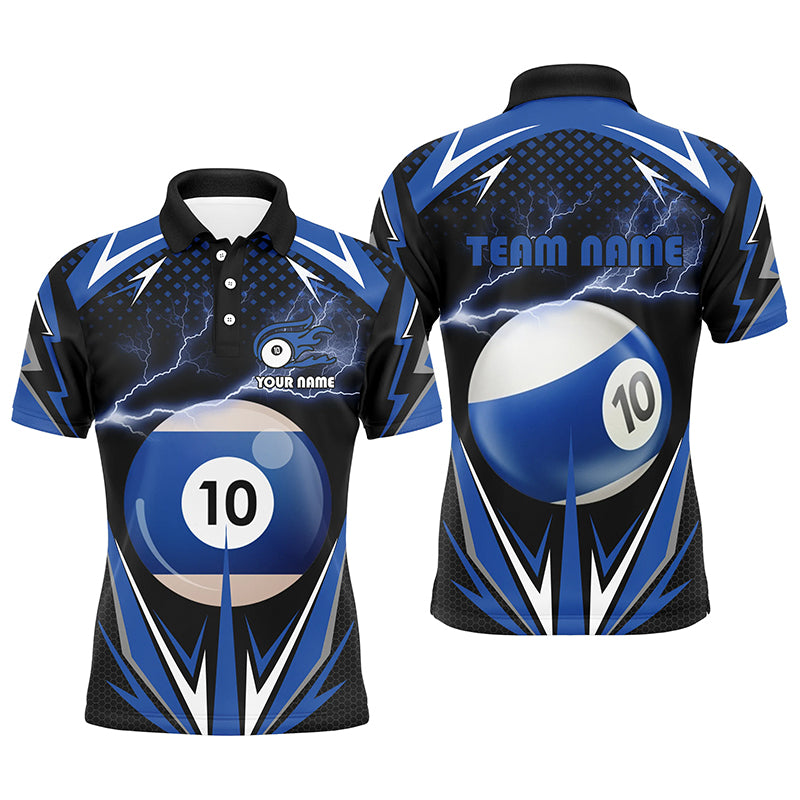 Personalized Thunder Blue 10 Ball Billiard 3D Polo Shirts For Men, Custom 10 Ball Billiard Jerseys VHM0956
