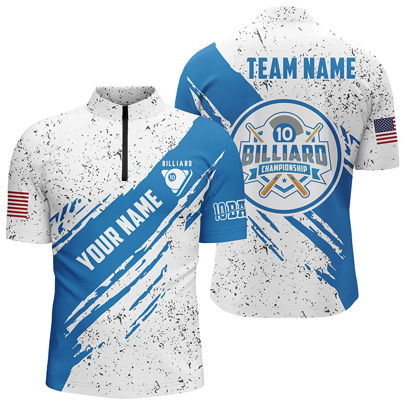 Personalized US Flag 10 Ball Billiard Quarter-Zip Shirts For Men, Custom Blue 10 Ball Pool Jerseys VHM0957