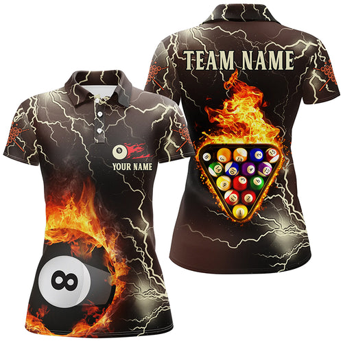Personalized Fire Flame Lightning Billiard Balls 3D Polo Shirts For Women, Custom 8 Ball Pool Shirts VHM0533