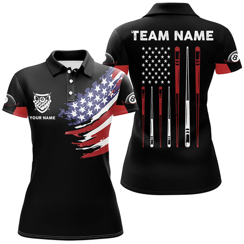 Personalized US Flag Sticks Billiard 3D Polo Shirts For Women, Custom 8 Ball Pool Billiard Jerseys VHM0096