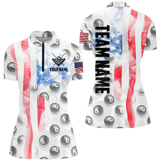 Personalized Smoke White US Flag Billiard Quarter-Zip Shirts For Women, 8 Ball Pool Team Jerseys VHM0541
