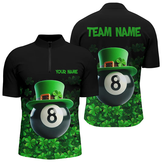 Personalized St Patrick's Day 8 Ball Pool Quarter-Zip Shirts For Men, Shamrock Billiard Team Shirts VHM0996