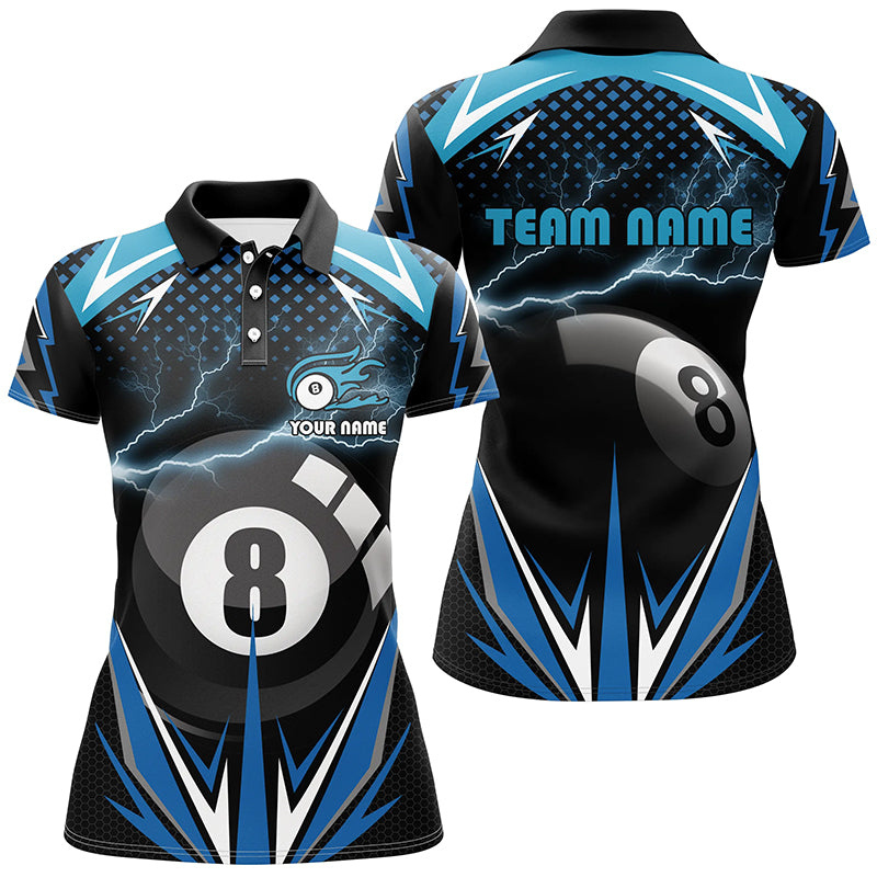 Personalized Billiard 8 Ball Pool Thunder Blue Polo Shirts For Women, Custom Billiards 3D Shirts VHM0317