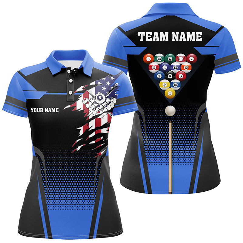 Personalized 8 Ball Pool US Flag Billiard Blue 3D Polo Shirts For Women, Custom Billiards Jerseys VHM0319