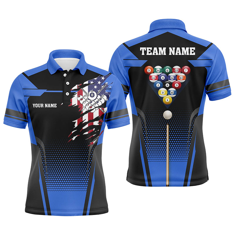 Personalized 8 Ball Pool US Flag Billiard Blue 3D Polo Shirts For Men, Custom Billiards Jerseys VHM0319