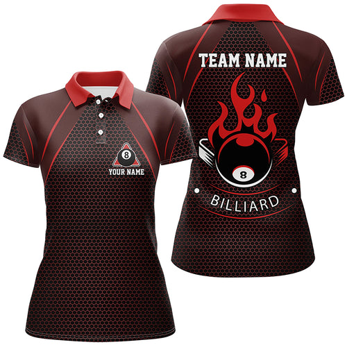 Personalized Red Fire 8 Ball Pool Polo Shirts For Women, Custom Flame 8 Ball Billiard Team Shirts VHM0727