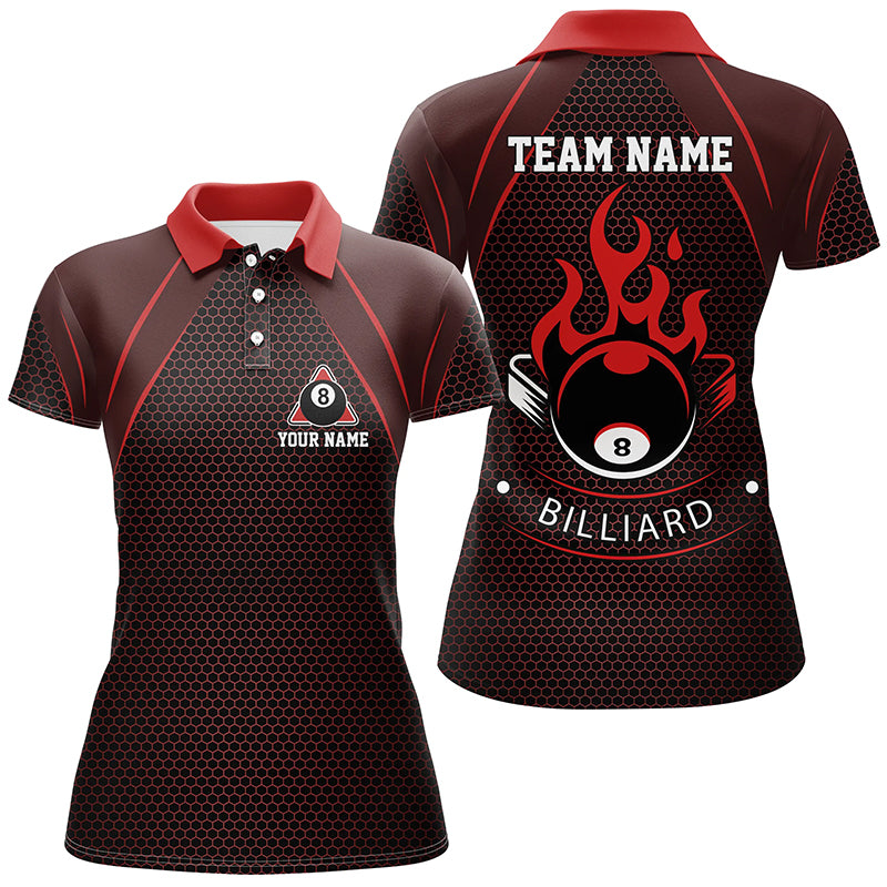 Personalized Red Fire 8 Ball Pool Polo Shirts For Women, Custom Flame 8 Ball Billiard Team Shirts VHM0727