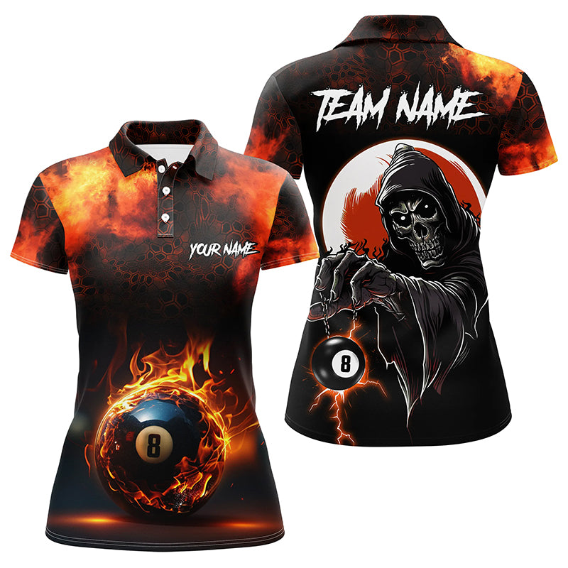 Personalized Flame 8 Ball Pool Billiard Polo Shirts For Women Custom Skull Billiard Team Shirts VHM1129