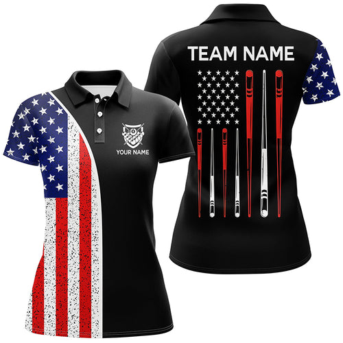 Personalized American Flag Sticks Billiard Polo Shirts For Women, Custom 8 Ball Billiard Team Shirts VHM0109