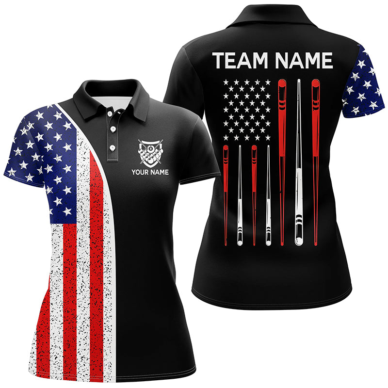 Personalized American Flag Sticks Billiard Polo Shirts For Women, Custom 8 Ball Billiard Team Shirts VHM0109