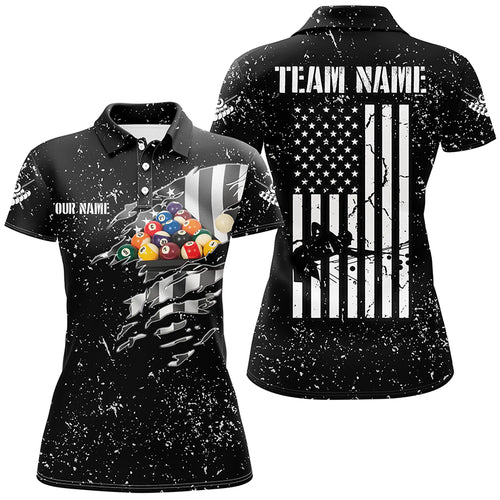 Personalized US Flag Billiard Balls Black Grunge 3D Polo Shirts For Women, Custom Billiards Jerseys VHM0334
