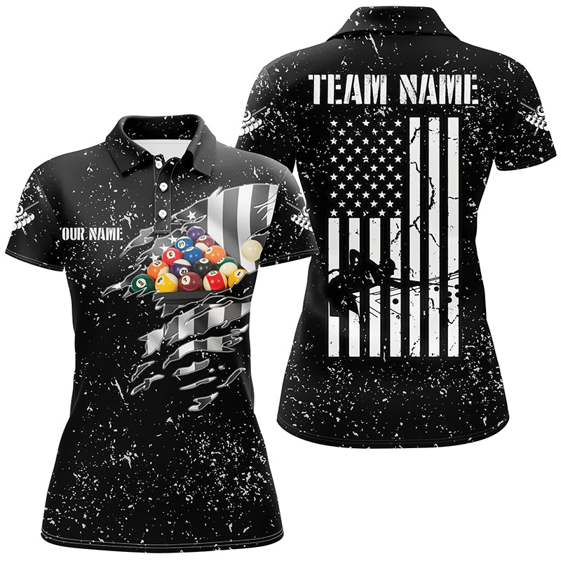 Personalized US Flag Billiard Balls Black Grunge 3D Polo Shirts For Women, Custom Billiards Jerseys VHM0334