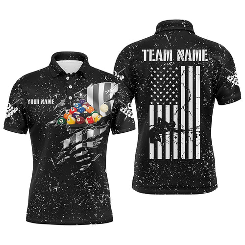 Personalized US Flag Billiard Balls Black Grunge 3D Polo Shirts For Men, Custom Billiards Jerseys VHM0334