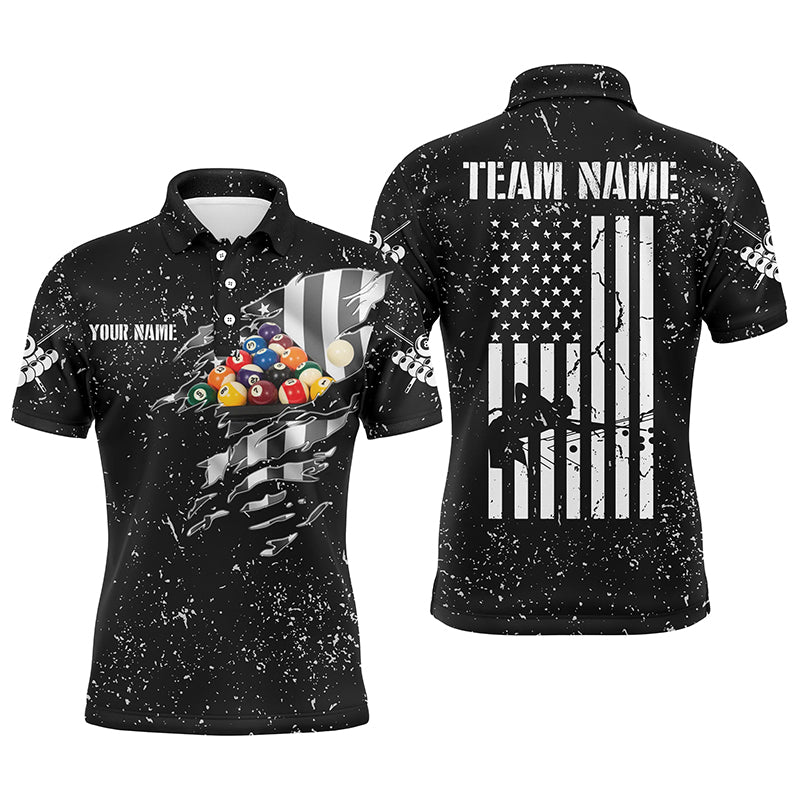 Personalized US Flag Billiard Balls Black Grunge 3D Polo Shirts For Men, Custom Billiards Jerseys VHM0334