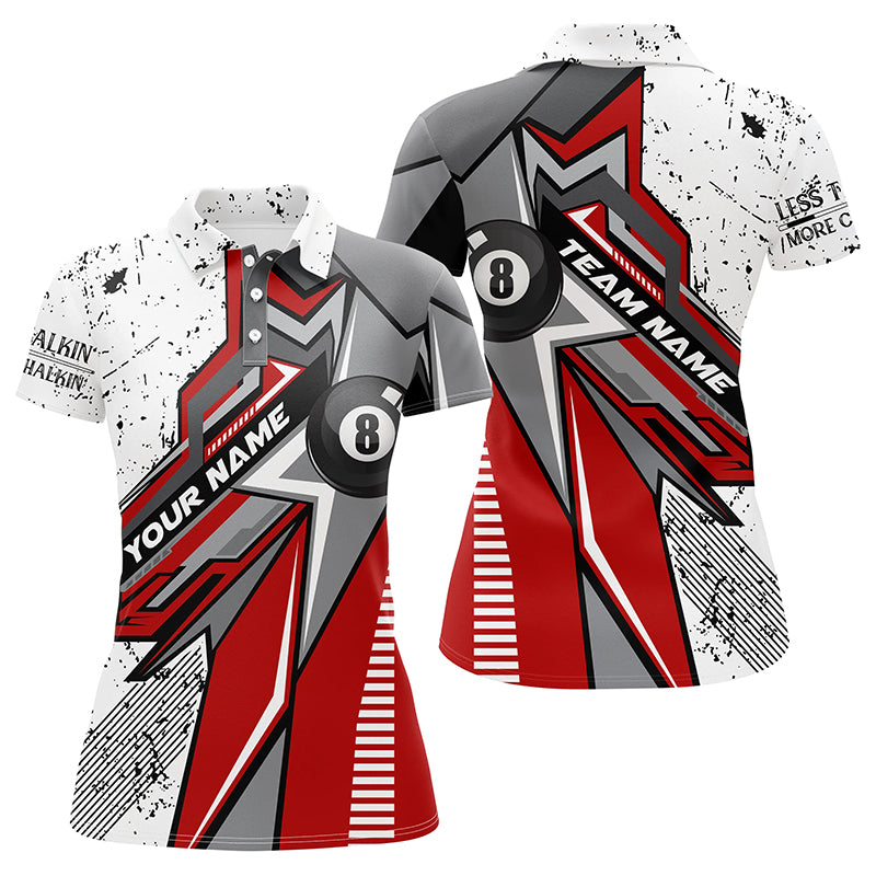 Personalized Red White Grunge 8 Ball Billiards Polo Shirts For Women Custom Billiard Team Shirts VHM1131