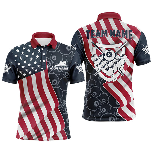 Personalized US Flag 8 Ball Pattern Billiard 3D Polo Shirts For Men, Custom Pool Player Jerseys VHM0338